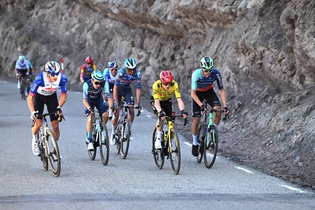 LA MOLINA, SPAIN - MARCH 27: (L-R) Florian Lipowitz of Germany and Team Red Bull - BORA - hansgrohe, Lenny Martinez of France and Team Bahrain - Victorious, Valentin Paret-Peintre of France and Team Soudal Quick-Step, Jonas Vingegaard of Denmark and Team Visma | Lease a Bike and Felix Gall of Austria and Team Decathlon CMA CGM compete in the breakaway during the 105th Volta a Catalunya 2026, Stage 5 a 155.3km stage from La Seu d'Urgell to La Molina/Coll de Pal 2109m / #UCIWT / on March 27, 2026 in La Molina, Spain. (Photo by Szymon Gruchalski/Getty Images)