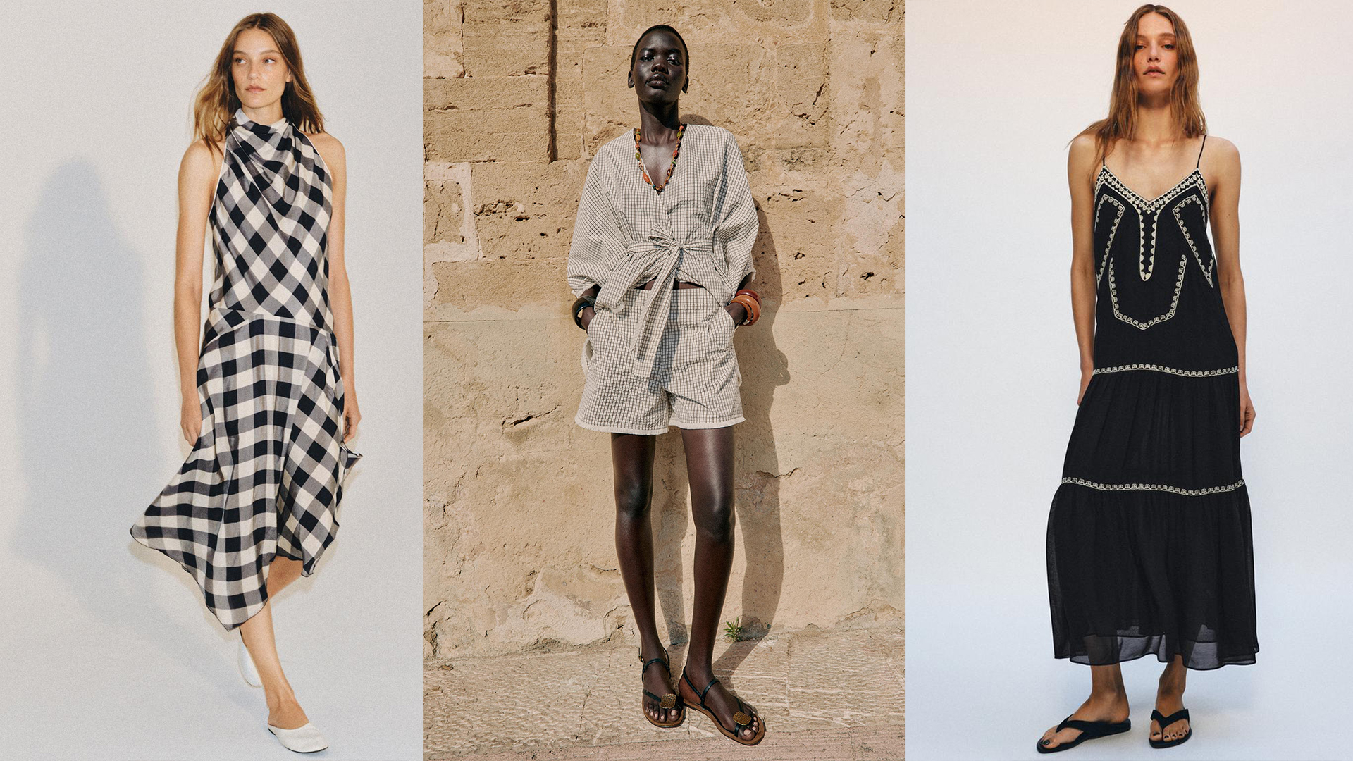 Model wear Zara. One wears gingham dress. Another wears black embroidered dress. The one in the middle wears a matching set. 
