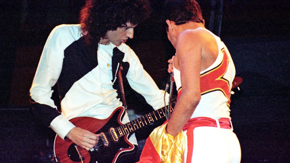 Freddie Mercury and Brian May performing at Madison Square Garden in New York, 1983