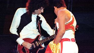 Freddie Mercury and Brian May performing at Madison Square Garden in New York, 1983