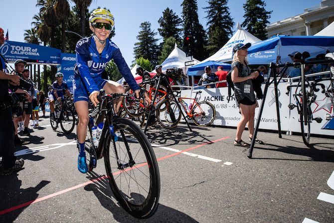 UnitedHealthcare's Katie Hall warms up prior to the start of stage 3 of the 2018 Amgen Women's Race