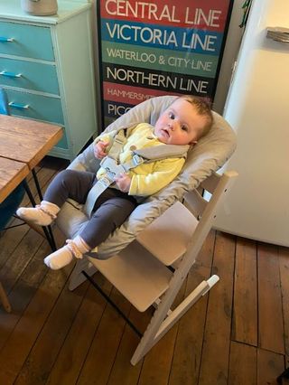 Our tester's baby, Freddie, in the newborn set which can be used with the Stokke Tripp Trapp highchair