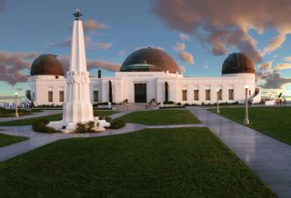Griffith Observatory with a beautiful blue sky in the background.