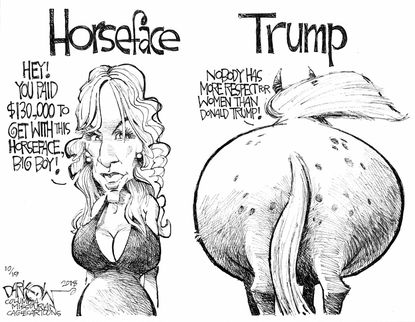 Political cartoon U.S. Trump Stormy Daniels horseface tweet hush money