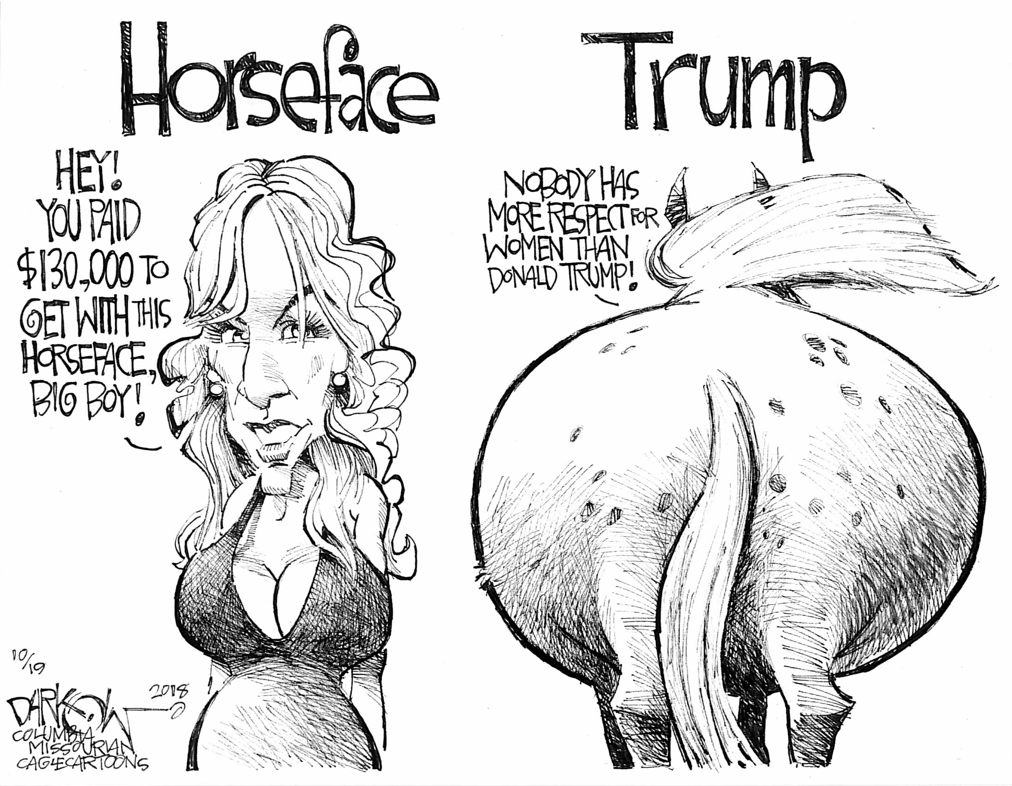 Political cartoon U.S. Trump Stormy Daniels horseface tweet hush money
