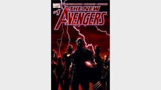 The New Avengers standing in silhouette with lightning striking behind them, including Captain America, Iron Man, Wolverine, Spider-Man, Luke Cage, Sentry, and Spider-Woman