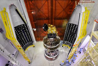 The SCATSAT-1 weather satellite is seen while be prepared for launch atop an Indian Polar Satellite Launch Vehicle in September 2016.