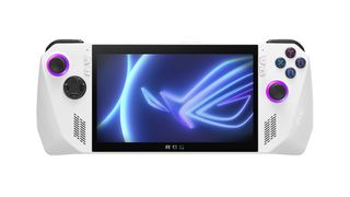 ROG Ally; a white handheld PC games console with an angular design