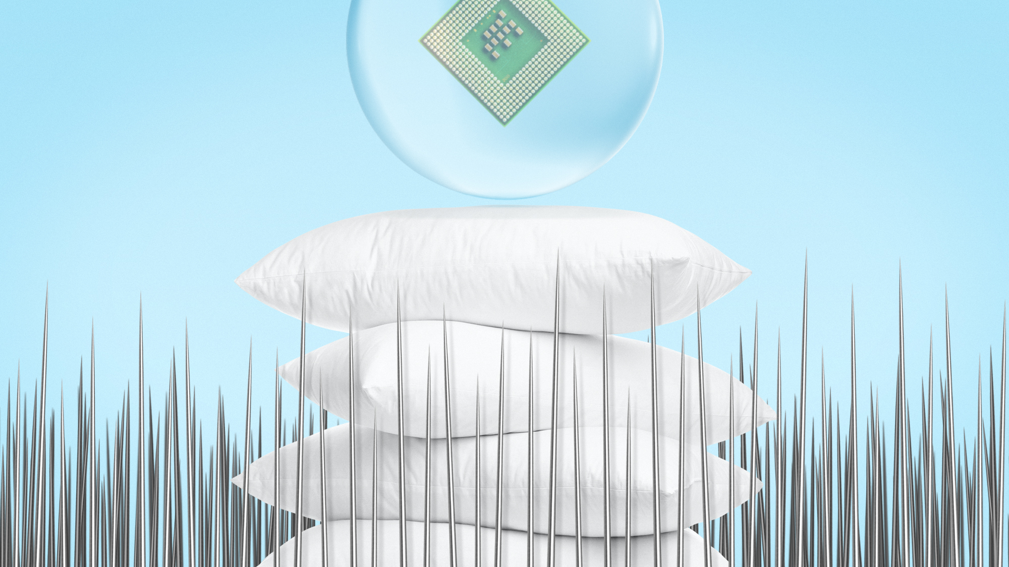 Illustration of a bubble floating down onto a stack of pillows, surrounded by dozens of needles
