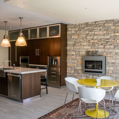 kitchen with counter and table and chair