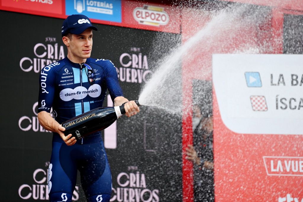 SCAR SPAIN SEPTEMBER 15 Alberto Dainese of Italy and Team DSM Firmenich celebrates at podium as stage winner during the 78th Tour of Spain 2023 Stage 19 a 1771km stage from La Baeza to scar UCIWT on September 15 2023 in scar Spain Photo by Tim de WaeleGetty Images