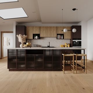 dark wood/brown kitchen cabinets with some wood wall units, terrazzo worktop and backsplash, mid toned wooden floor, stools