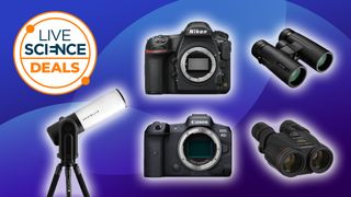 telescopes, cameras and binoculars on a blue background