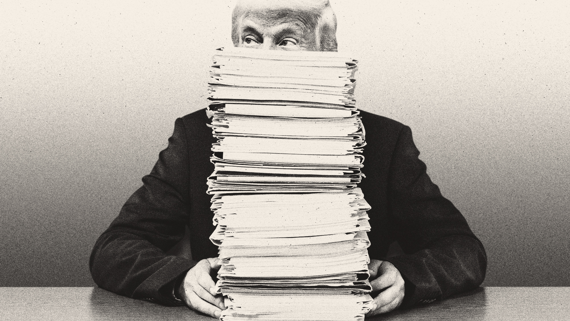 Photo illustration of Donald Trump peering over a stack of Epstein files