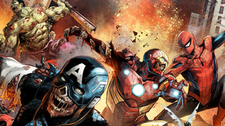 Art from Marvel Zombies: A Zombicide Game showing zombified versions of Hulk, Captain America, Ironman and Spiderman