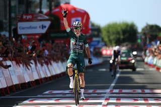 BAIONA, SPAIN - AUGUST 27: Wout van Aert of Belgium and Team Visma | Lease a Bike - Green Points Jersey celebrates at finish line as stage winner during the La Vuelta - 79th Tour of Spain 2024, Stage 10 a 160km stage from Ponteareas to Baiona / #UCIWT / on August 27, 2024 in Baiona, Spain. (Photo by Dario Belingheri/Getty Images)