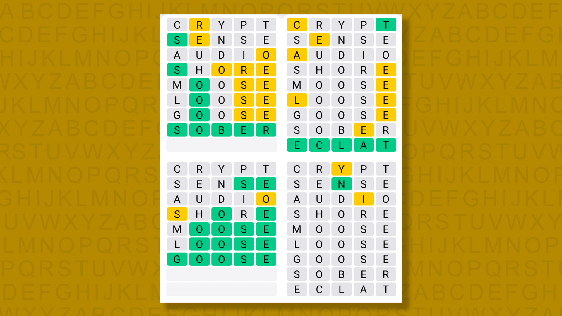 Quordle answers for game 1612 on a yellow background