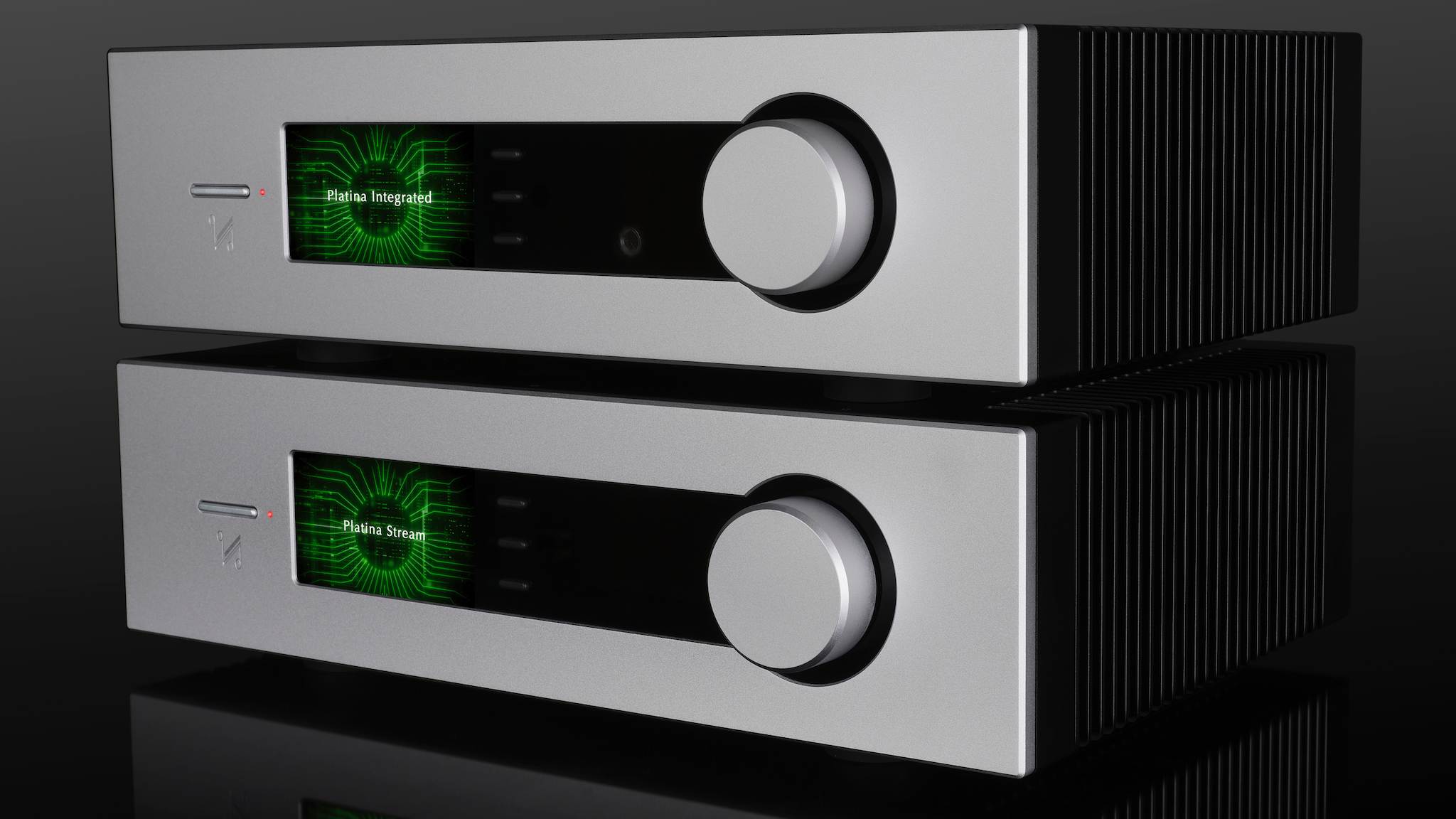 Quad Platina Integrated amplifier on top of the Platina Stream network streamer on a black background