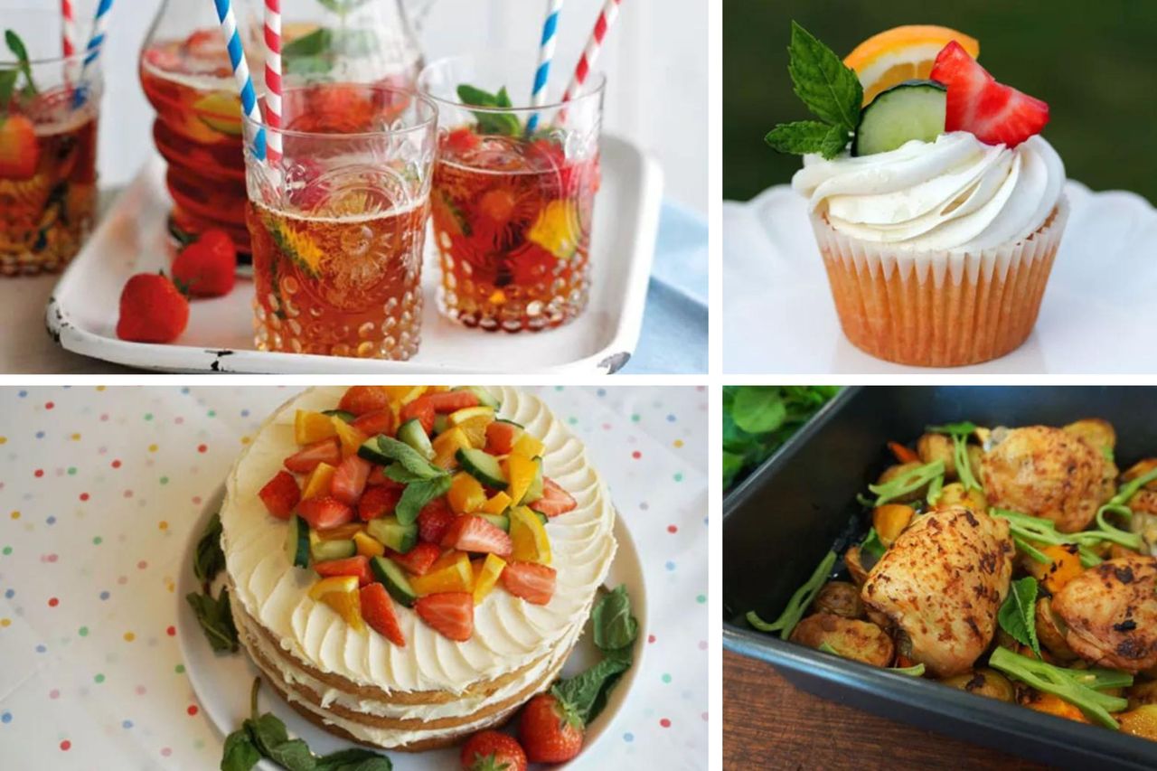 A collage of the best Pimm&#039;s recipes including cupcake topped with icing, cucumber and strawberries, Pimm&#039;s poured into glasses, etc.