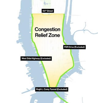 The image shows the New York City Congestion Relief Zone, which encompasses downtown Manhattan south of 60th Street. (Credit: The Metropolitan Transportation Authority).