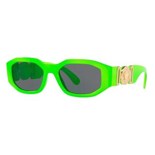 Pair of vibrant green-framed sunglasses with logo emboldened in gold on the temples