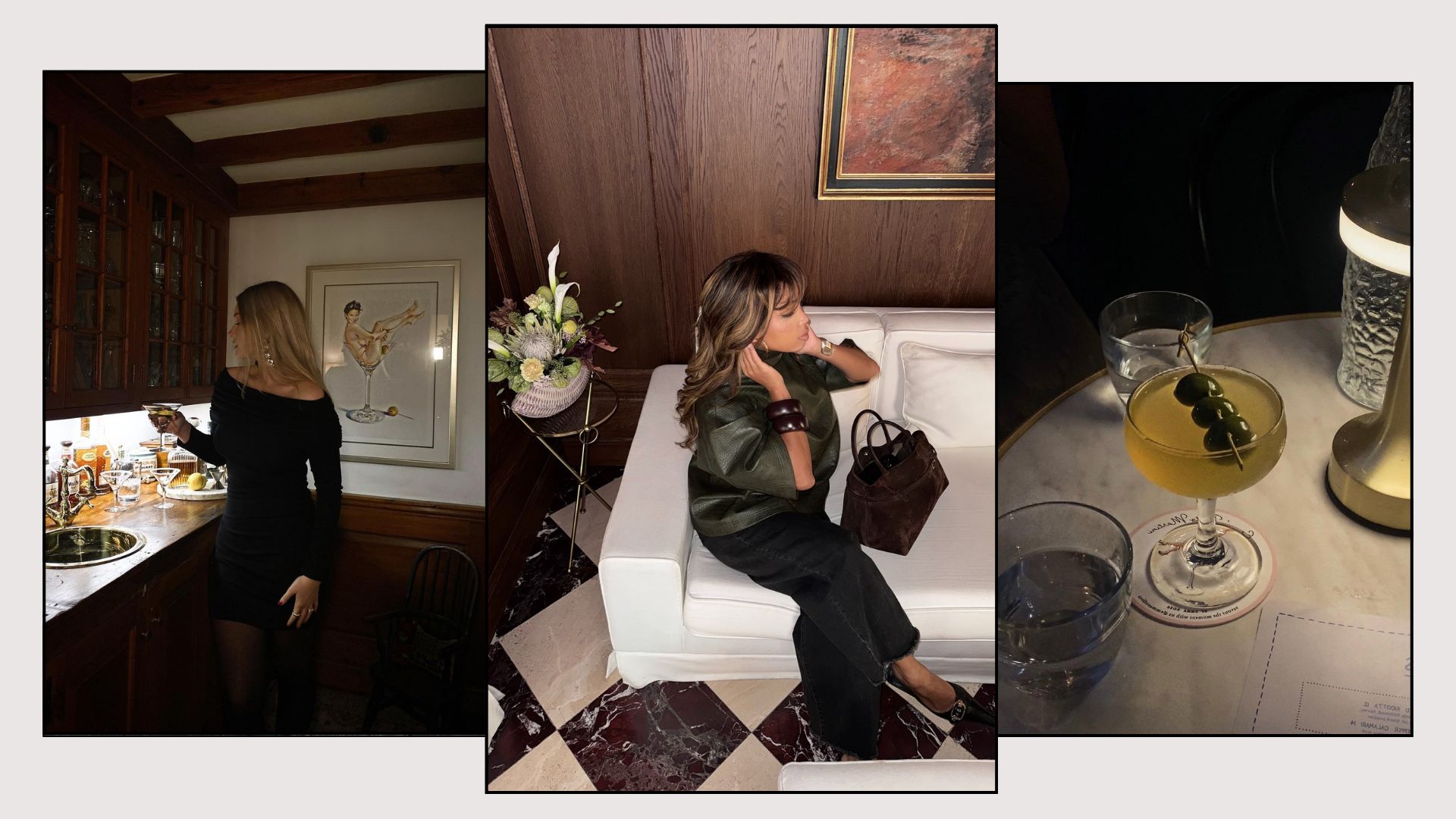 Two stylish women in evening attire and a picture of a dirty martini