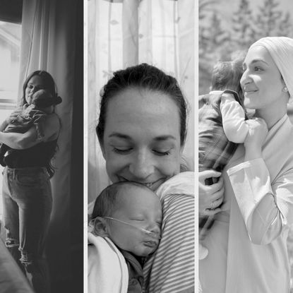 Black-and-white three-panel collage of mothers holding and cuddling their babies.