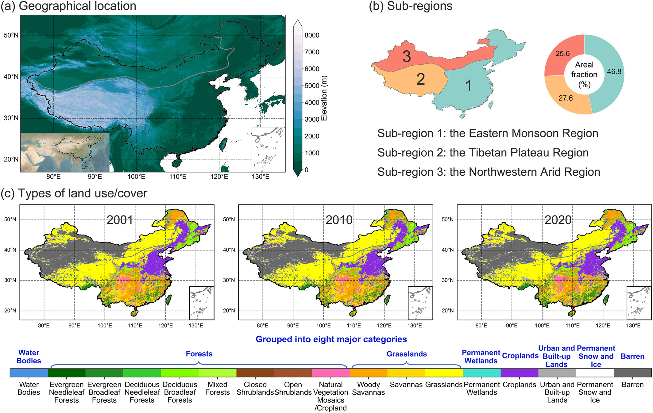 Figure from a study showing land use changes in China between 2001 and 2020. We also see a map showing the three main regions in China.