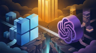 Google and Microsoft logos on landscape split over AI