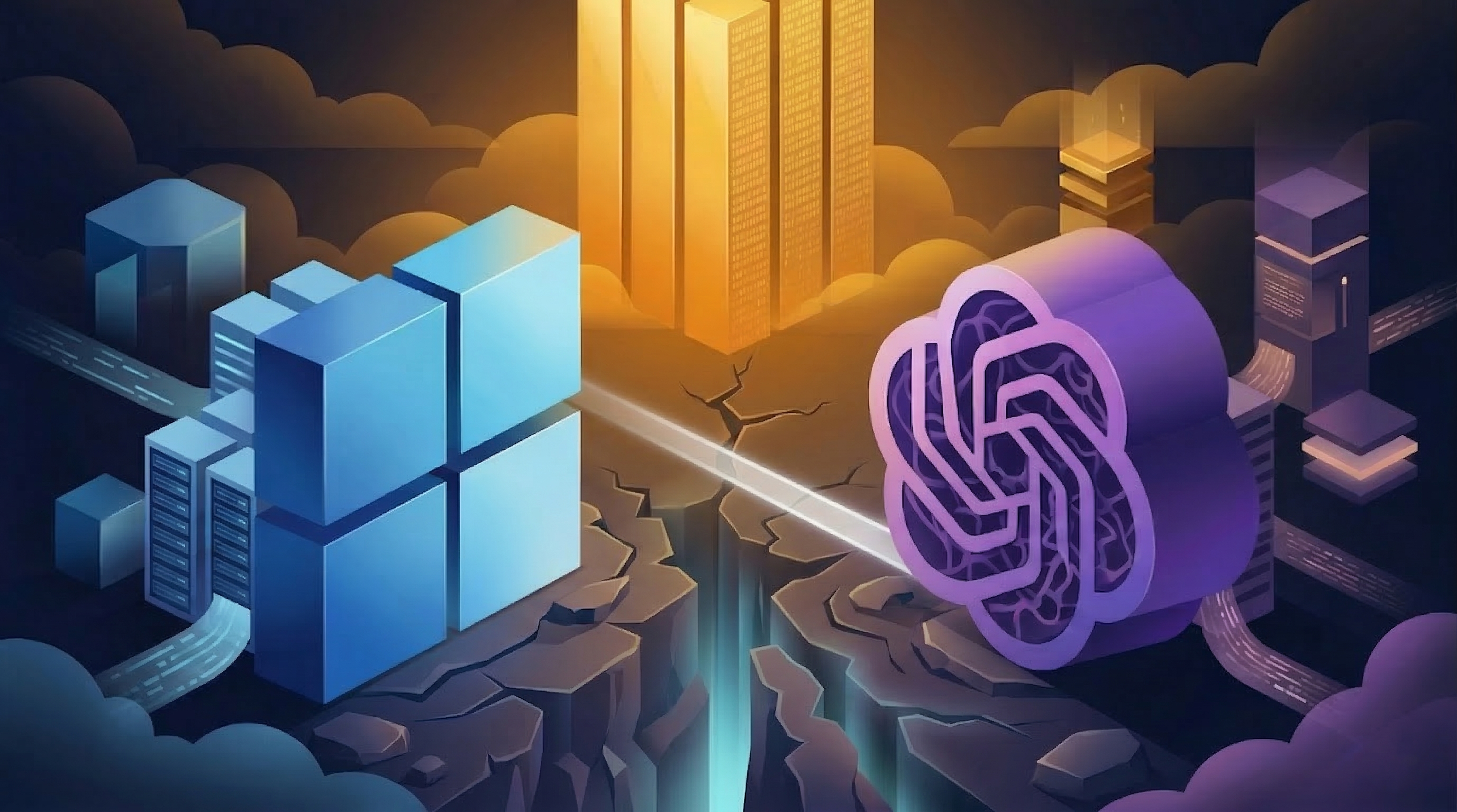 Google and Microsoft logos on landscape split over AI