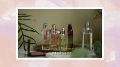A collection of glass perfume bottles displayed on a tray, alongside a blush palette, a pearl necklace and decorative plants/ in an orange and purple watercolour template