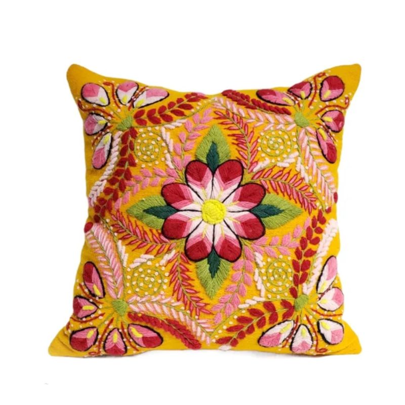 yellow embroidered cushion 