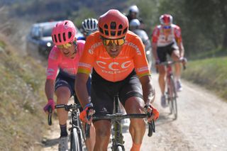 SIENA ITALY MARCH 09 Greg Van Avermaet of Belgium and CCC Team Simon Clarke of Australia and Team EF Education First during the Eroica 13th Strade Bianche 2019 a 184km race from Siena to SienaPiazza del Campo StradeBianche on March 09 2019 in Siena Italy Photo by Tim de WaeleGetty Images