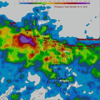 Rainfall totals near Manila, in the Philippines, from Typhoon Rammasun, were estimated at near 8 inches. Rainfall in the Soutch China Sea, as estimated by NASA's TRMM satellite, reached more than 22 inches.