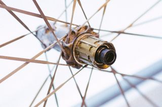 A close up of a highly machined freehub body on a bike hub.