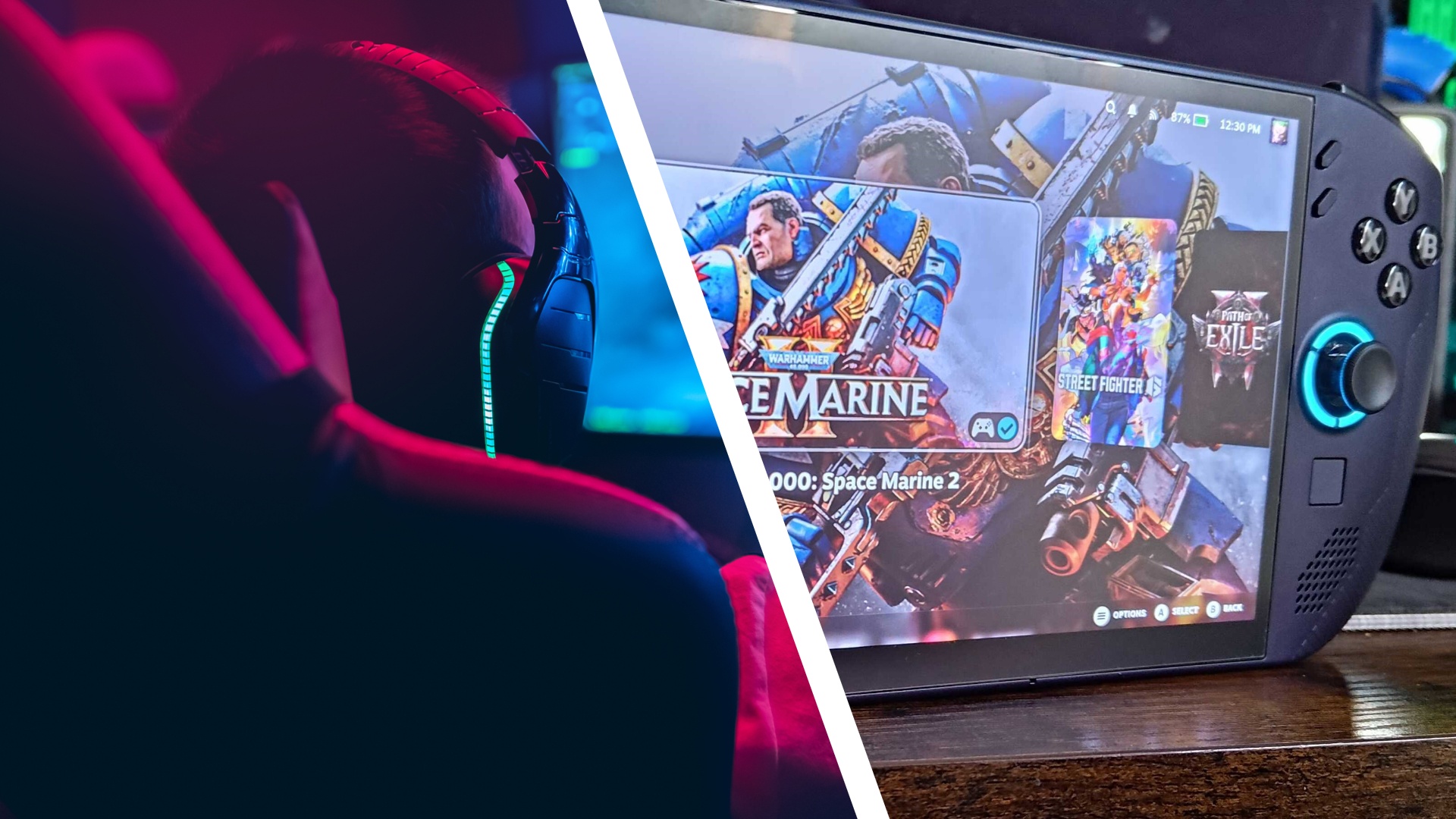 Composite image featuring back of PC gamer sitting in chair and Steam Deck