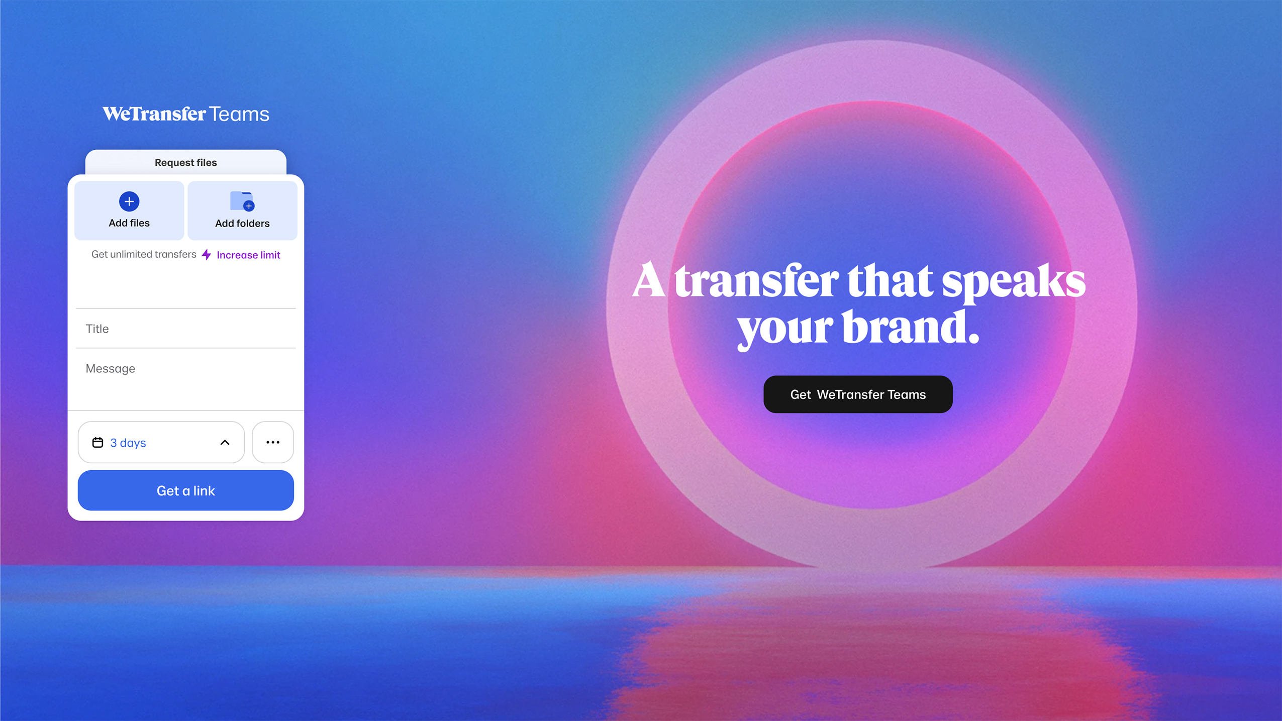 A colorful background with a circular graphic and text promoting WeTransfer Teams for file requests and transfers