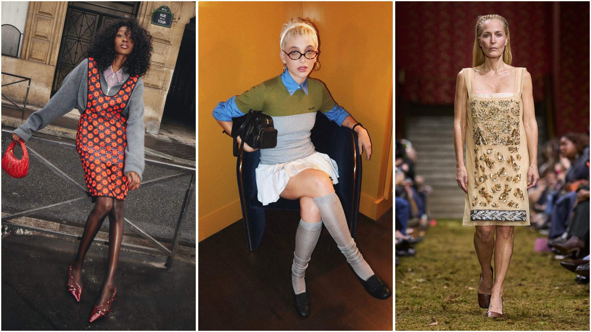 Three Miu Miu outfits on influencers, models, and actors, including the apron dress, long-sleeved striped tops and an embellished dress