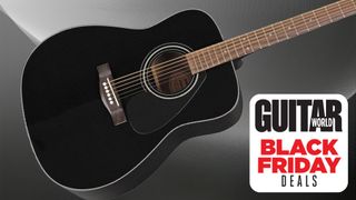 A black Yamaha F335 set against a grey and black background