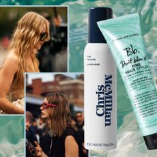 ocean water background with two girls with beach waves on top next to hair styling products for fine hair 