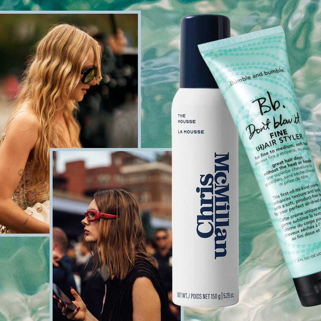 ocean water background with two girls with beach waves on top next to hair styling products for fine hair 