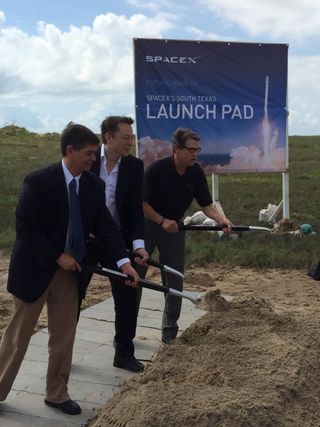 SpaceX CEO Elon Musk (center) breaks ground on a new commercial launch site in Brownsville, Texas with Governor Rick Perry (right) on Sept. 22, 2014. The new spaceport will be operated solely by SpaceX. 