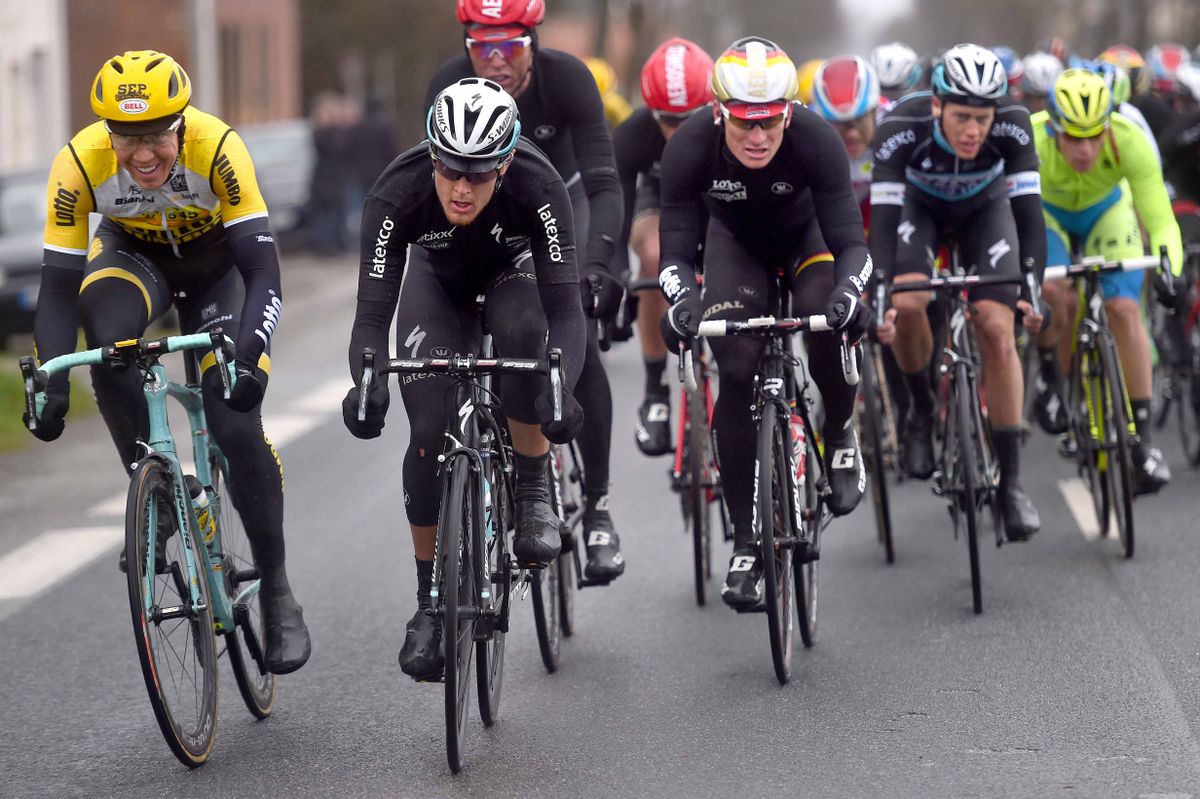Sep Vanmarcke (Lotto-Jumbo), Matteo Trentin (Etixx-Quick Step) and Andre Greipel (Lotto-Soudal)