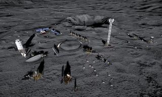 illustration of a number of buildings and rovers on the moon.