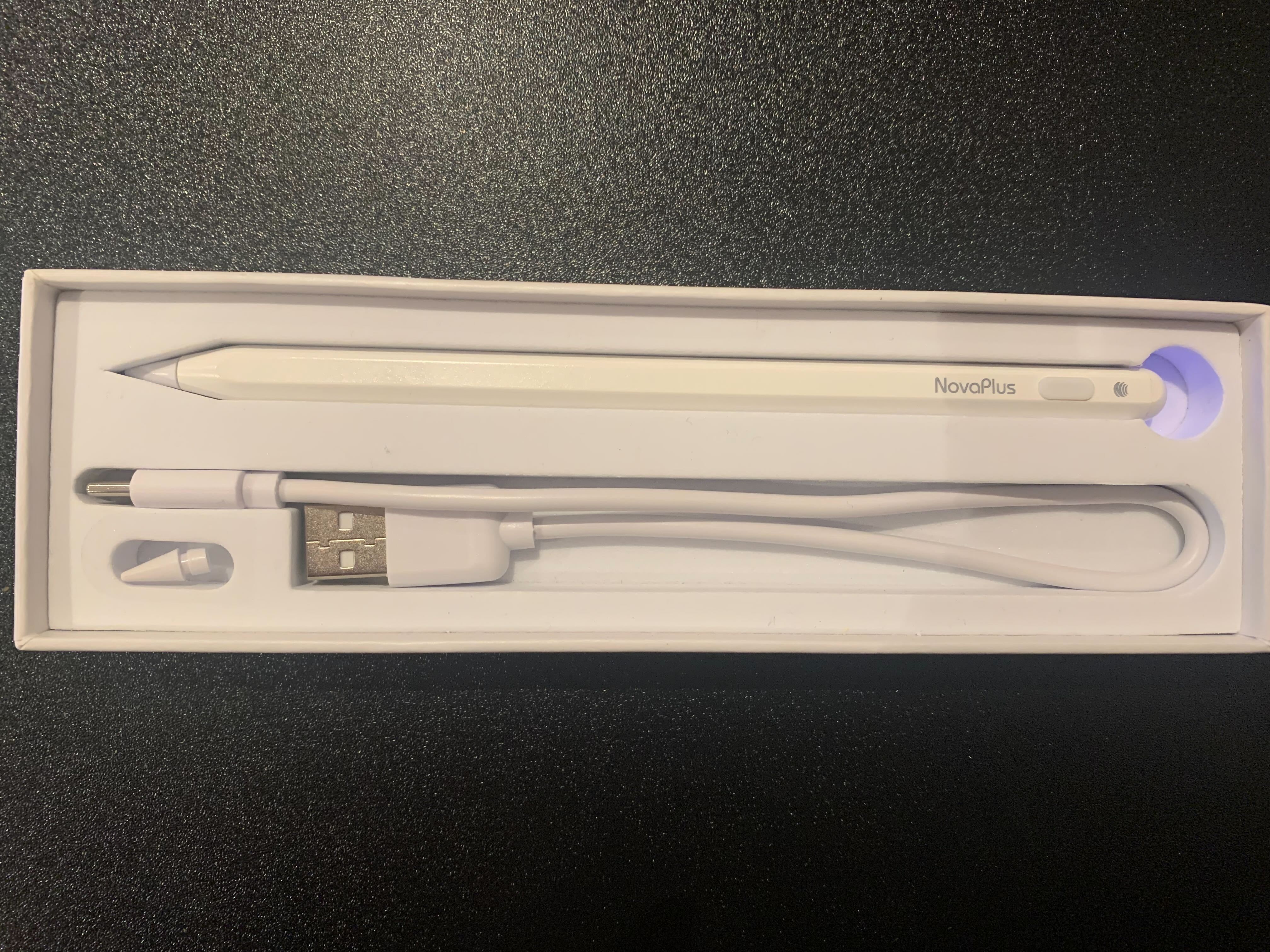 Valkoinen NovaPlus A8 Duo -kynä, jota pidetään kädessä ja käytetään iPadissa