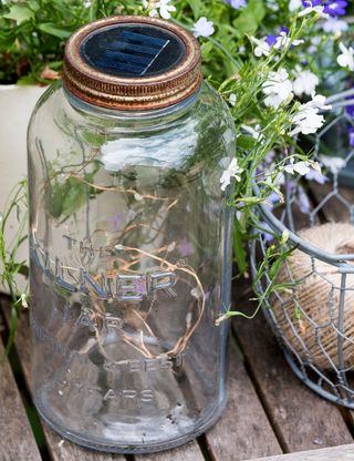 glass jar with flower plants and basket
