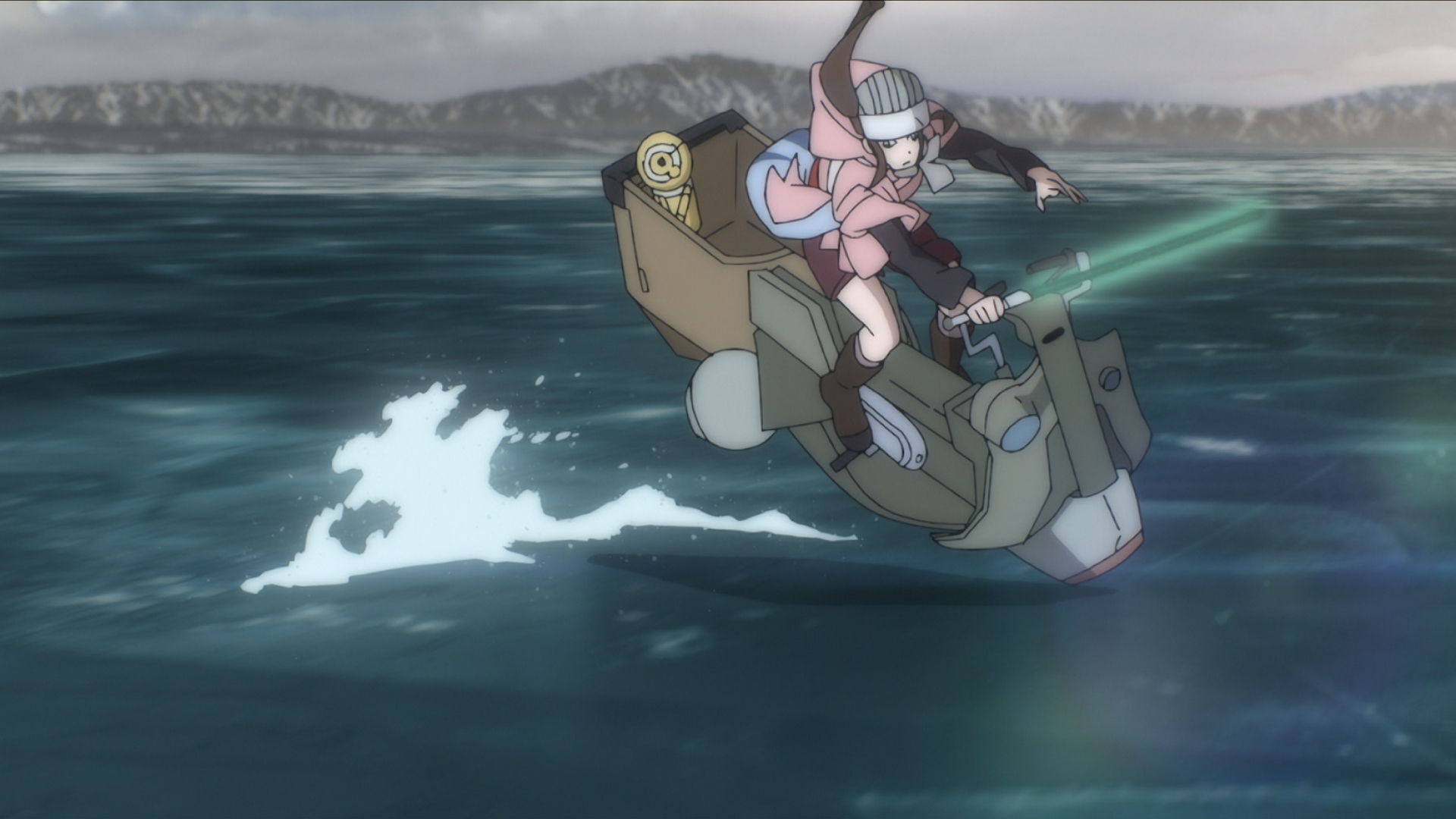 A young girl rides a speeder across a body of water in Star Wars: Visions