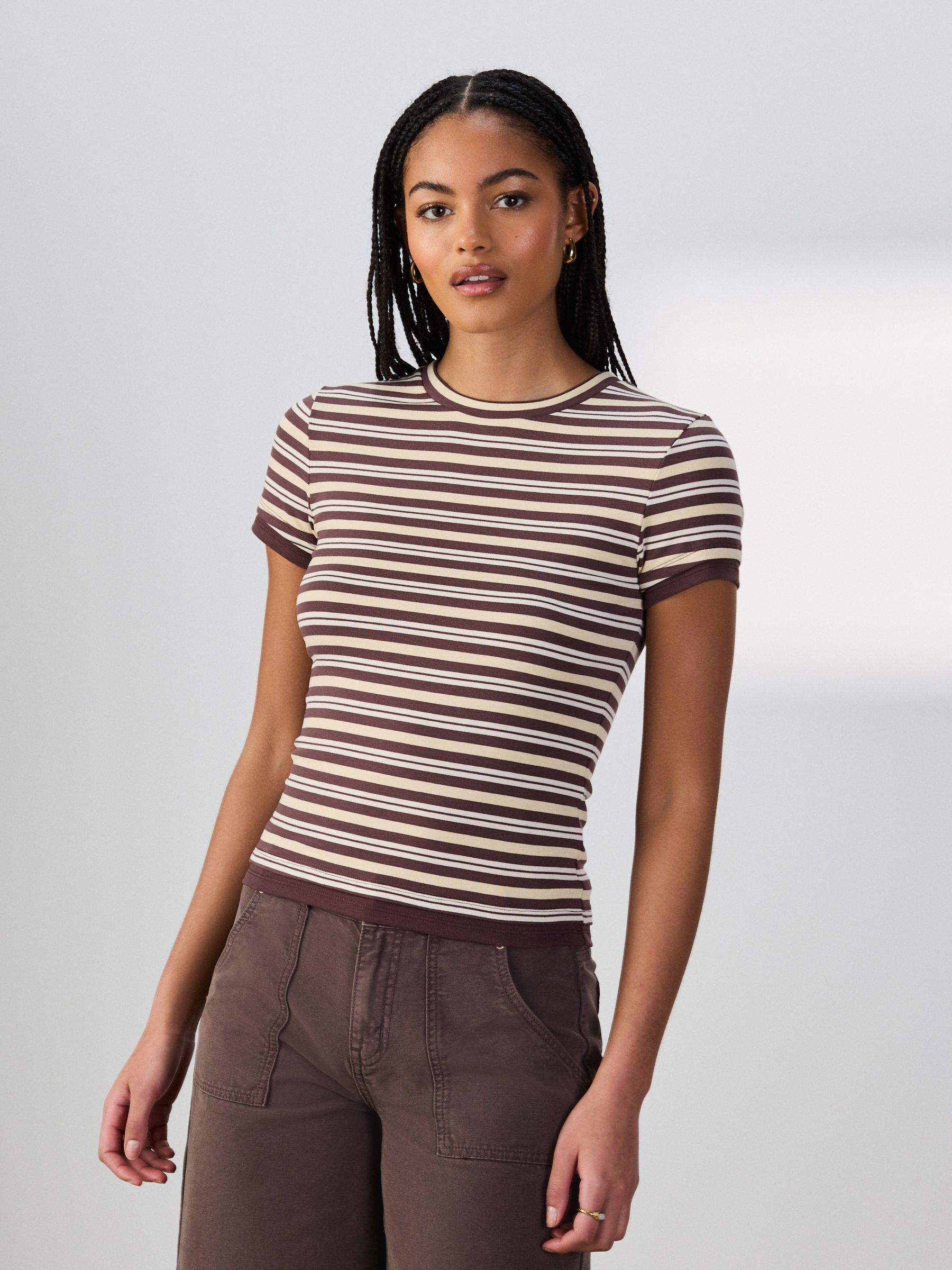 Yellow/brown Stripe Short Sleeve Layered Crew Neck T-Shirt - Size X-Small