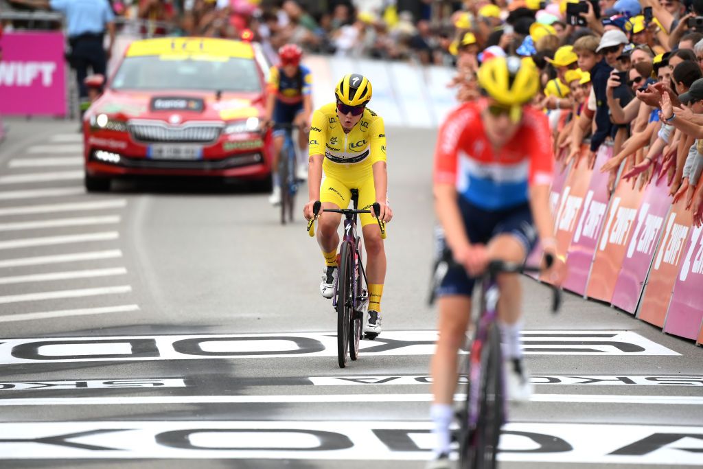 RODEZ FRANCE JULY 26 Lotte Kopecky of Belgium and Team SD Worx Protime Yellow Leader Jersey crosses the finish line during the 2nd Tour de France Femmes 2023 Stage 4 a 1771km stage from Cahors to Rodez 572m UCIWWT on July 26 2023 in Rodez France Photo by Alex BroadwayGetty Images