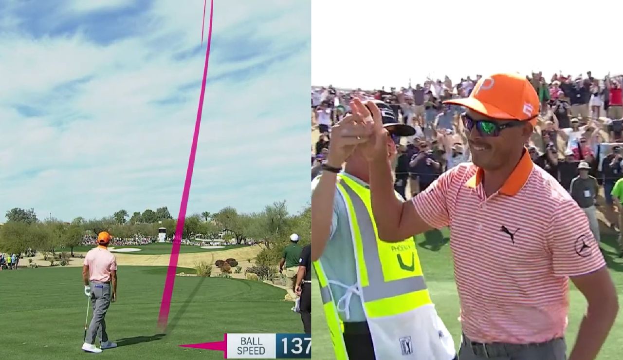 Fowler high fives his caddie after his hole in one